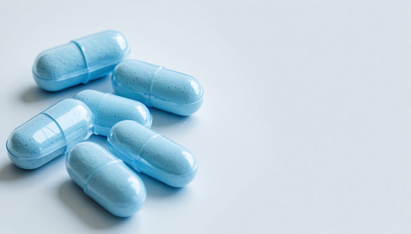 Medical concept image of male enhancement products including pills and supplements with a doctor’s consultation setting in the background